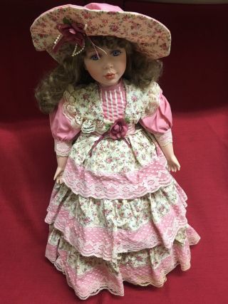 Tuss Collectible William Tung 24 " Porcelain Doll Pink Dress Lace Flowers Hat