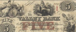 1856 $5 The Valley Bank Of Hagerstown,  Md - - Vf - - Confederate Era Obsolete Currency