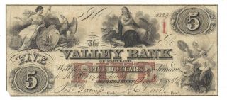1856 $5 THE VALLEY BANK of HAGERSTOWN,  MD - - VF - - Confederate Era Obsolete Currency 2