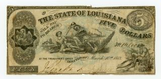 1863 Cr.  14 $5 State Of Louisiana " South Strikes Down Union " Note -