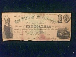1862 Ten Dollars Note From The State Of Mississippi,  " Cotton Pledged "