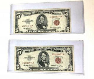 (2) 1953 $5 Red Seal Notes Five Dollar Currency Bills In Hard Top Loader Cases