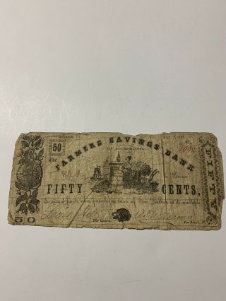 1861 Virgina 5 Cent Obsolete Currency Farmers Savings Bank Of Richmond Va