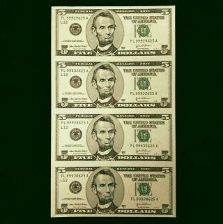 2003 A Us $5 Five Dollar Uncut Sheet Of 4 Federal Reserve Bank Notes Hus058625