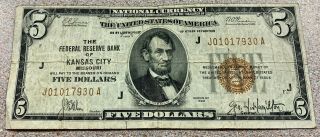 1929 $5 National Currency Federal Reserve Bank Kansas City Frbn