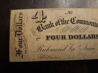 SCARCE 1862 - $4 BANK OF THE COMMONWEALTH RICHMOND VIRGINIA OBSOLETE 5 2