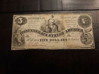 T - 36 - 1861 $5 Confederate Currency First Year Civil War Era Vf,  5