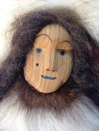 Vintage Inuit Eskimo Doll With Fur Hair Braids Leather Wood Carved Face Head