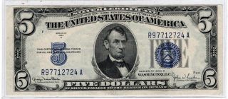 1934 D Series $5 Silver Certificate,  Large Blue Seal,  Old Money Xf - Au