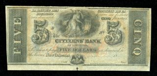 1840s - 1850s Citizens Bank Of Orleans,  Louisiana.  5 Dollar
