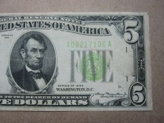 1934 $5 Federal Reserve Note Lime Green Aa Block Scarce Note 7106