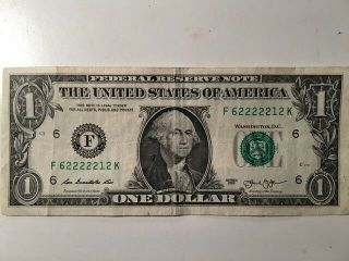 $1 Dollar Bill Near Solid Five 2’s Fancy Circulated 2013