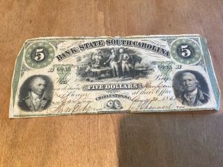 1861 Bank Of The State Of South Carolina $5 - Civil War Era