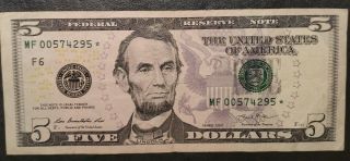 $5 Series 2013 Federal Reserve Star Note Five Dollar