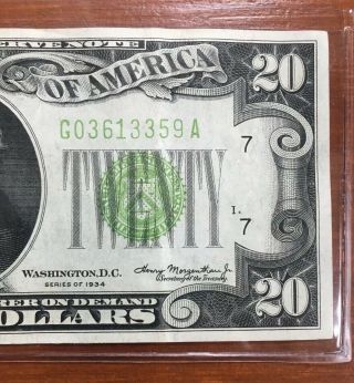 1934 United States $20 Federal Reserve Note.  Lime Green Seal