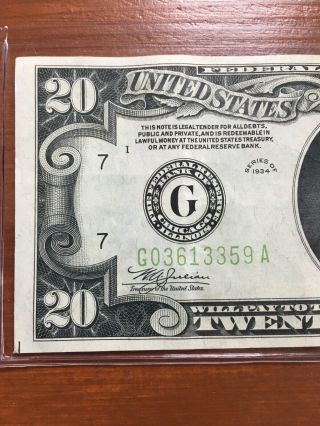 1934 United States $20 Federal Reserve Note.  Lime Green Seal 3