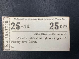Massasoit Bank 1862 - Twenty Five Cents Bank Note - Civil War Era