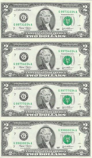$2 Frn Uncut Sheet Of 4 2003 Chicago District Ending Serial 034a