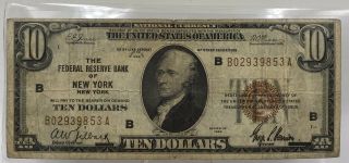1929 $10 National Currency Bank Note Bill Brown Seal York B02939853a