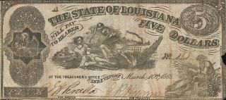 The State Of Louisiana Five Dollar Dated: March 10th 1863 No.  103