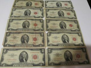 (10) 1953 Two Dollar Bills 1 - A,  2 - C,  1g Red Seal Notes 10 Total,  Together