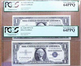 (2) 1957 - A $1 Silver Certificate Consecutive Serial Pair Pcgs 64ppq