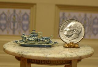 9 - Pc Hand Painted Blue & White Tea Set Half - Scale - Artisan Dollhouse Miniature 2