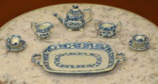 9 - Pc Hand Painted Blue & White Tea Set Half - Scale - Artisan Dollhouse Miniature 3