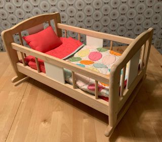 The Land Of Nod Doll’s Cradle Rocking Bed Crib With Bedding Quilt Pillow Euc