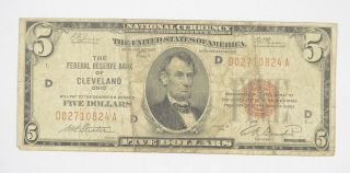 Rare 1929 $5.  00 National Currency Cleveland Federal Reserve Bank Brown Seal 554