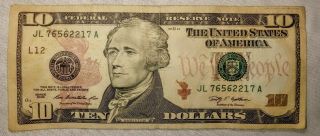 2009 $10 Dollar Bill Federal Reserve Note Fancy Serial Number Ladder :76562217