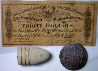 1864 Confederate $30 Interest Note,  Civil War Bullet,  1865 Two Cent 2c Coin Nr