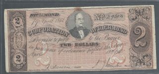 Civil War Confederate 1861 2 Dollar Bill The Corporation Of Richmond Virginia