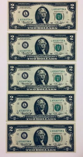 5 Consecutive 1976 Two Dollar Federal Reserve Notes $2 Crisp Bills Uncirculated