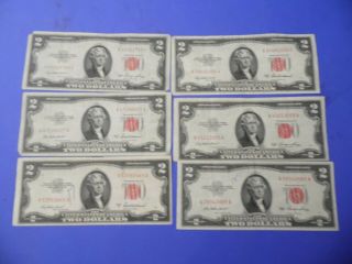 6 - 1953 Two Dollar Note Red Seal $2 Bill Us Currency Old Money