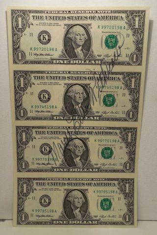 1993 - Uncut Sheet Of 4 $1 Bills - Federal Reserve Note - Signed By Mary Ellen Withrow