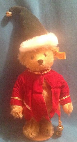 Steiff Teddy Bear,  Miniature,  7.  5 " Tall,  Christmas Outfit With Hat And Bells