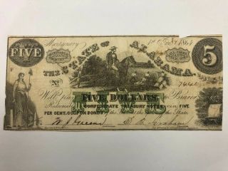 The State Of Alabama Five Dollars 1864