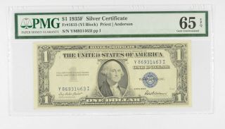 $1 1935 - F Silver Certificate Pmg 65 Epq Gem,  Fr 1615 (yi Block) 108