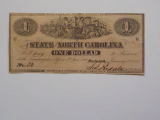 Civil War Confederate 1863 1 Dollar Bill State Of North Carolina Raleigh Money