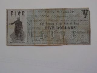 Civil War Confederate 1862 5 Dollar Bill Treasury Warrant Austin Texas Money Csa
