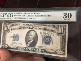 FR.  1701M $10 1934 United States Silver Certificate AA Block Graded PMG VF 30 2