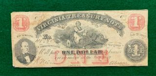 1862 Virginia Treasury Note $1 Dollar Obsolete Note - Civil War Era