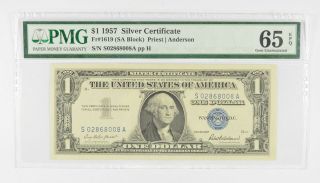 $1 1957 Silver Certificate Pmg 65 Epq Gem,  Fr 1619 (sa Block) 116