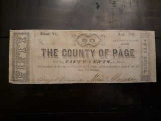1861 50 Cent County Of Page Virginia Scrip Note Civil War Era