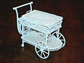 Dollhouse Miniature White Metal Wicker Look Tea Cart W/ Removeable Tray