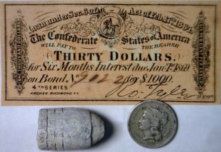 1864 Confederate $30 Interest Note,  Civil War Bullet,  1866 Three Cent Coin Nr