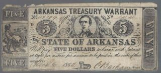 1862 $5 Five Dollar Arkansas Treasury Warrant (slave Pictorial) Confederate
