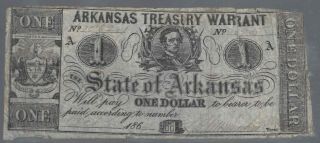 1864 Arkansas Treasury Warrant - $1 Note Civil War Era Confederate