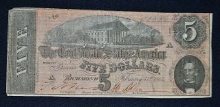 1864 Confederate States Of America $5 Five Dollar Note Series 6 98688
